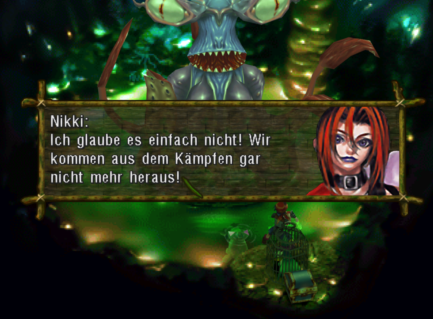 Rocker Nikki kommentiert die Begegnung mit einem Krakenmonster in einem grünen unterirdischen See mit 'Ich glaube es einfach nicht! WIr kommen aus den Kämpfen gar nicht mehr heraus!'