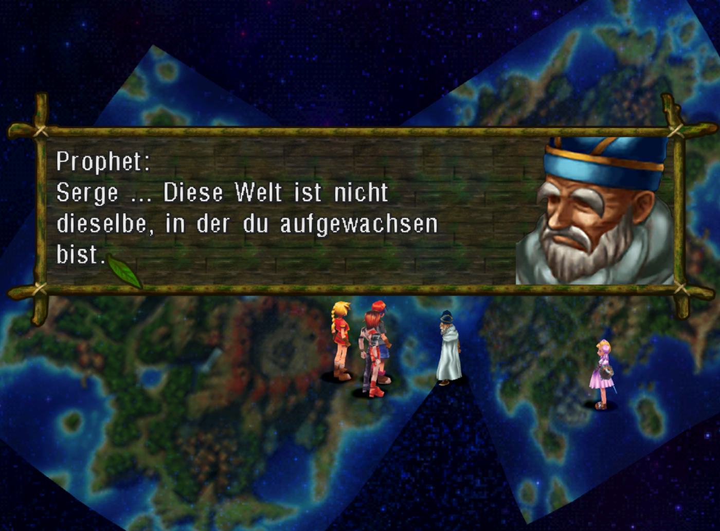 Ein alter Mann, der sich Prophet nennt, erklärt: 'Serge... Diese Welt ist nicht dieselbe, in der du aufgewachsen bist.' Im Hintergrund sind zwei Versionen des Archipelagos zu sehen.