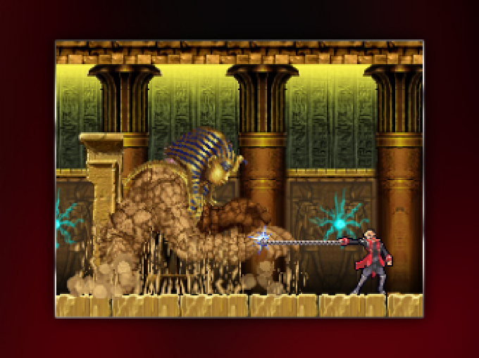 Ein blonder Krieger bekämpft im Inneren einer Pyramide einen Sandgolem, der eine Pharaonenmaske trägt.