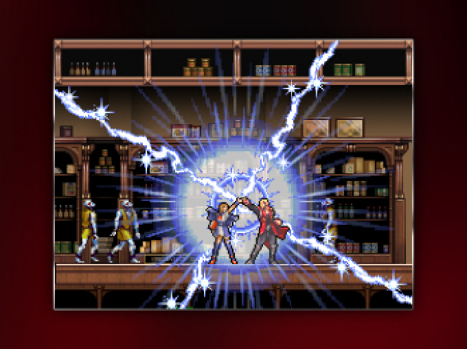 Eine brünette Hexe und ein blinder Krieger beschwören Blitze in einer Bücherei.