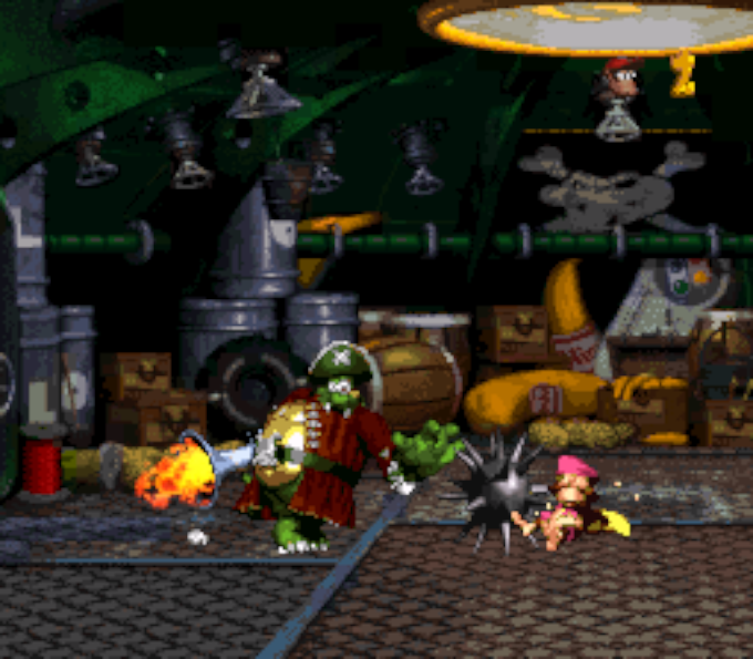 Dixie Kong aus Donkey Kong Country 2 weint, weil sie von einer Stachelkugel von King K. Rool getroffen wurde.