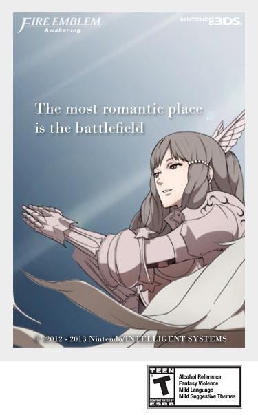 Valentinskarte mit der Kriegerin Sumia und der Aufschrift 'The most romantic place is the battlefield'