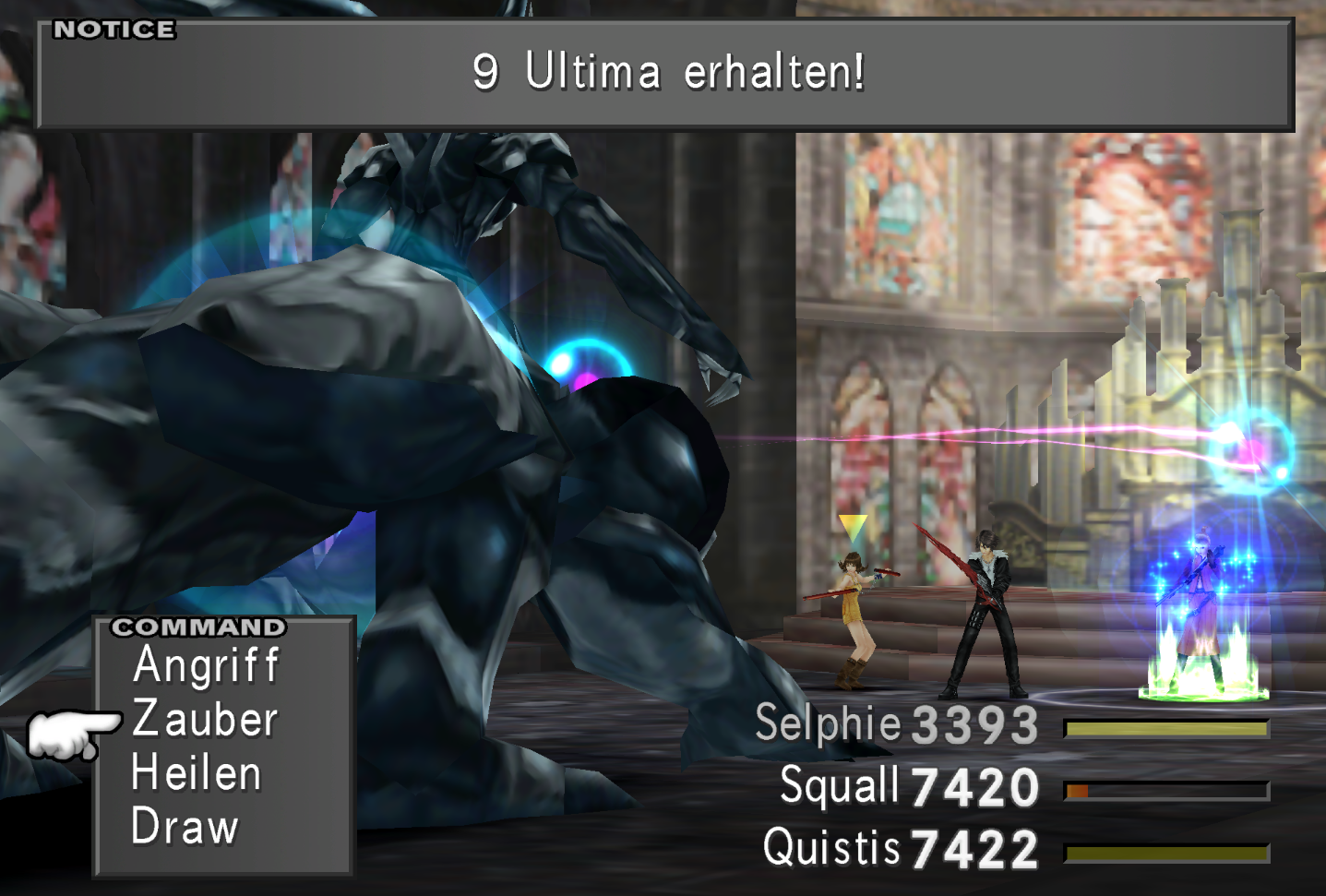 Selphie, Squall und Quistis kämpfen in einer Art Kathedrale gegen Omega Weapon, und entziehen dem Monster neun Ultima-Zauber.