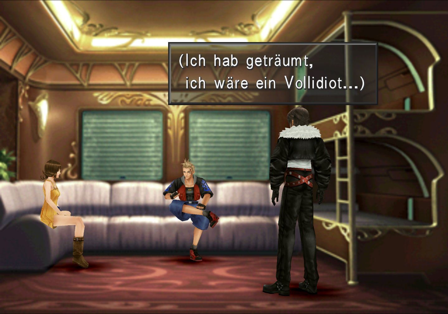 Selphie, Xell und Squall in einem Zugabteil. Squall denkt, dass er geträumt hat, dass er ein Vollidiot wäre.