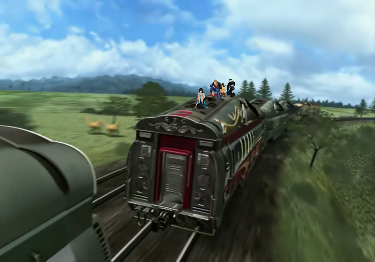 Einige Zugwaggons fahren durch die Landschaft und werden abgekoppelt. Das Ganze ist ein vorgerenderter Film, doch auf einem der Waggons sind In-Game Modelle von Rinoa, Xell und Squall, die sich weiterhin steuern lassen.