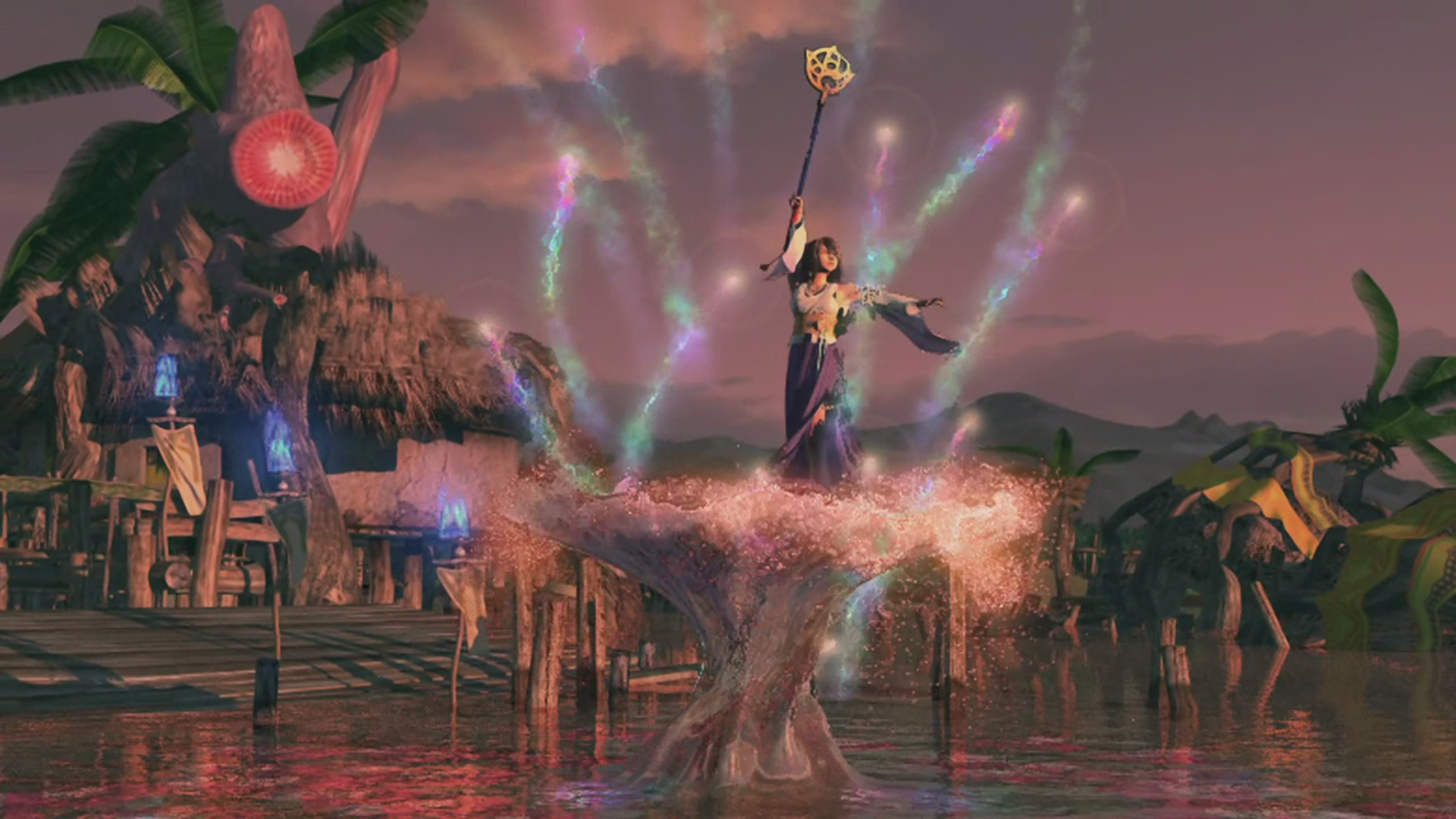 Yuna steht auf einer Wasserfontäne und schickt mit ihrem Stab Seelen gen Himmel.