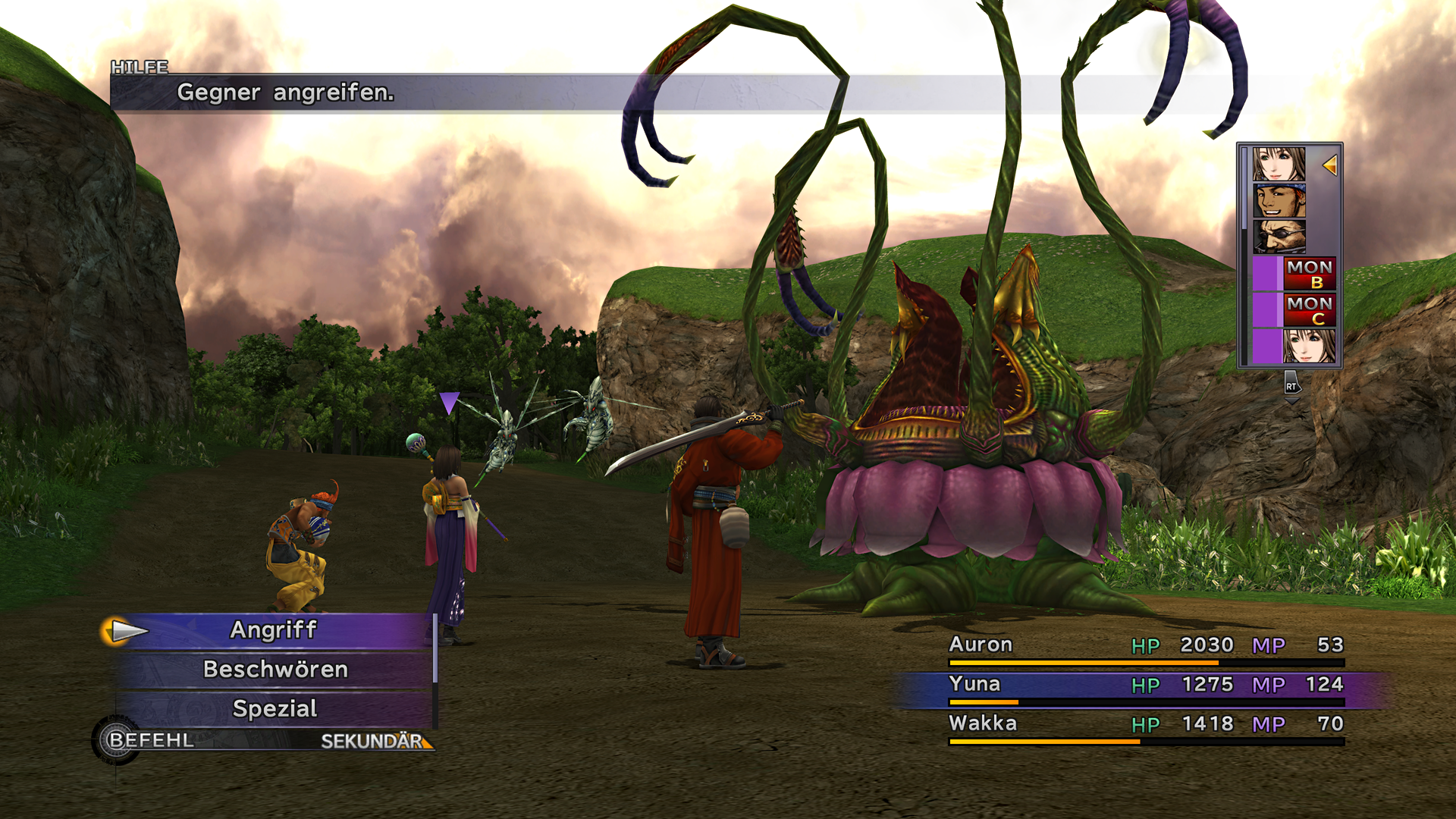 Wakka, Yuna und Auron kämpfen gegen ein riesiges Pflanzenmonster.