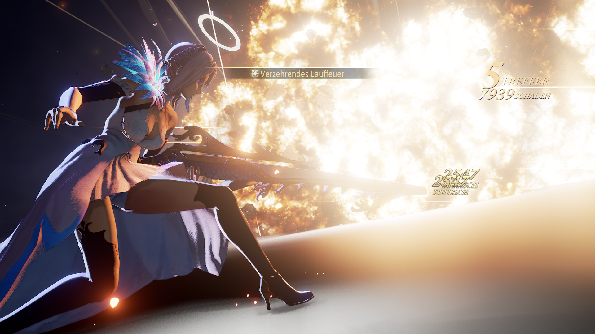 Shionne posiert mit ihrem Gewehr, während alles im Hintergrund explodiert.