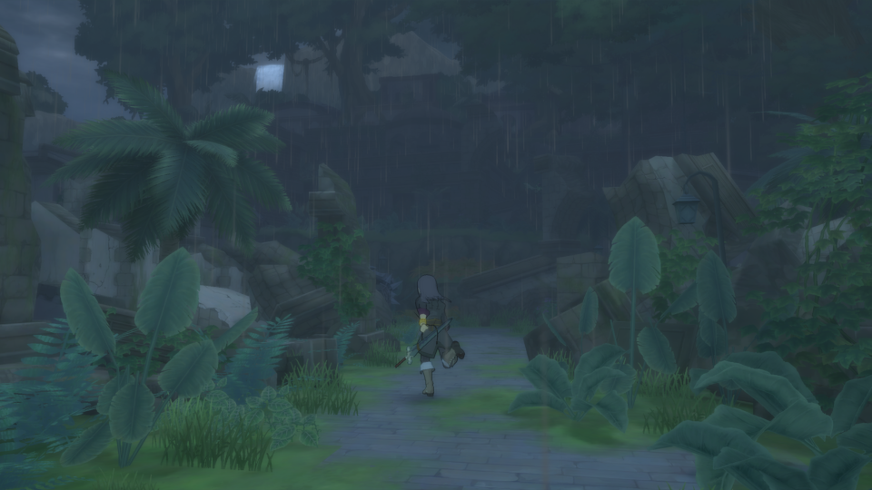 Yuri untersucht bei Regen und Dunkelheit überwucherte Ruinen.