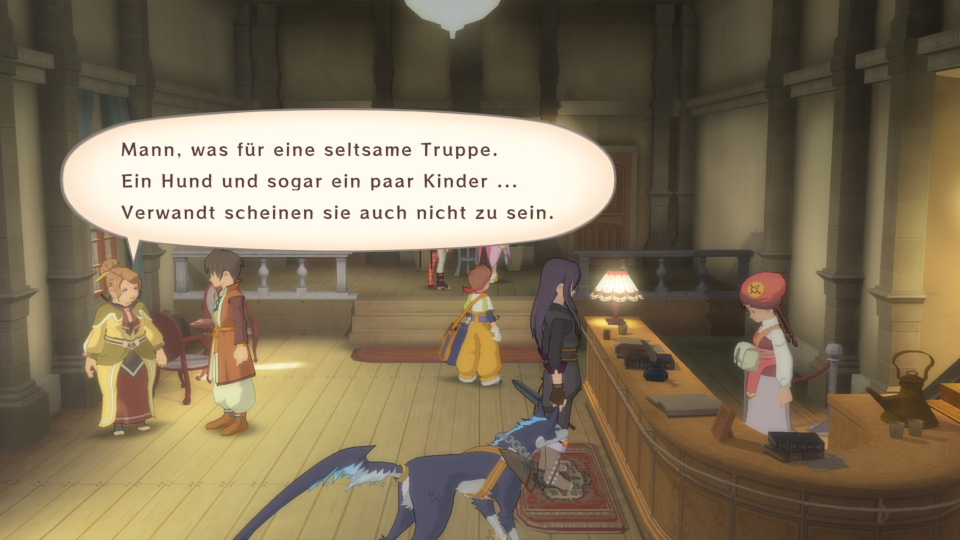 Die Party betritt ein Gasthaus. Eine Frau kommentiert: 'Mann, was für eine seltsame Truppe. Ein Hund und sogar ein Kinder ... Verwandt scheinen sie auch nicht zu sein.'