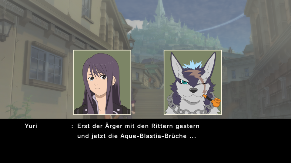 Yuri spricht mit seinem Hund: 'Erst der Ärger mit den Rittern gestern und jetzt die Aque-Blastia-Brüche ...'