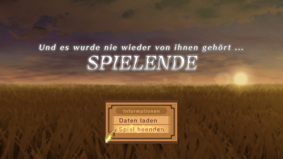 Der Game Over Bildschirm mit der Überschrift: 'Und es wurde nie wieder von ihnen gehört ...'